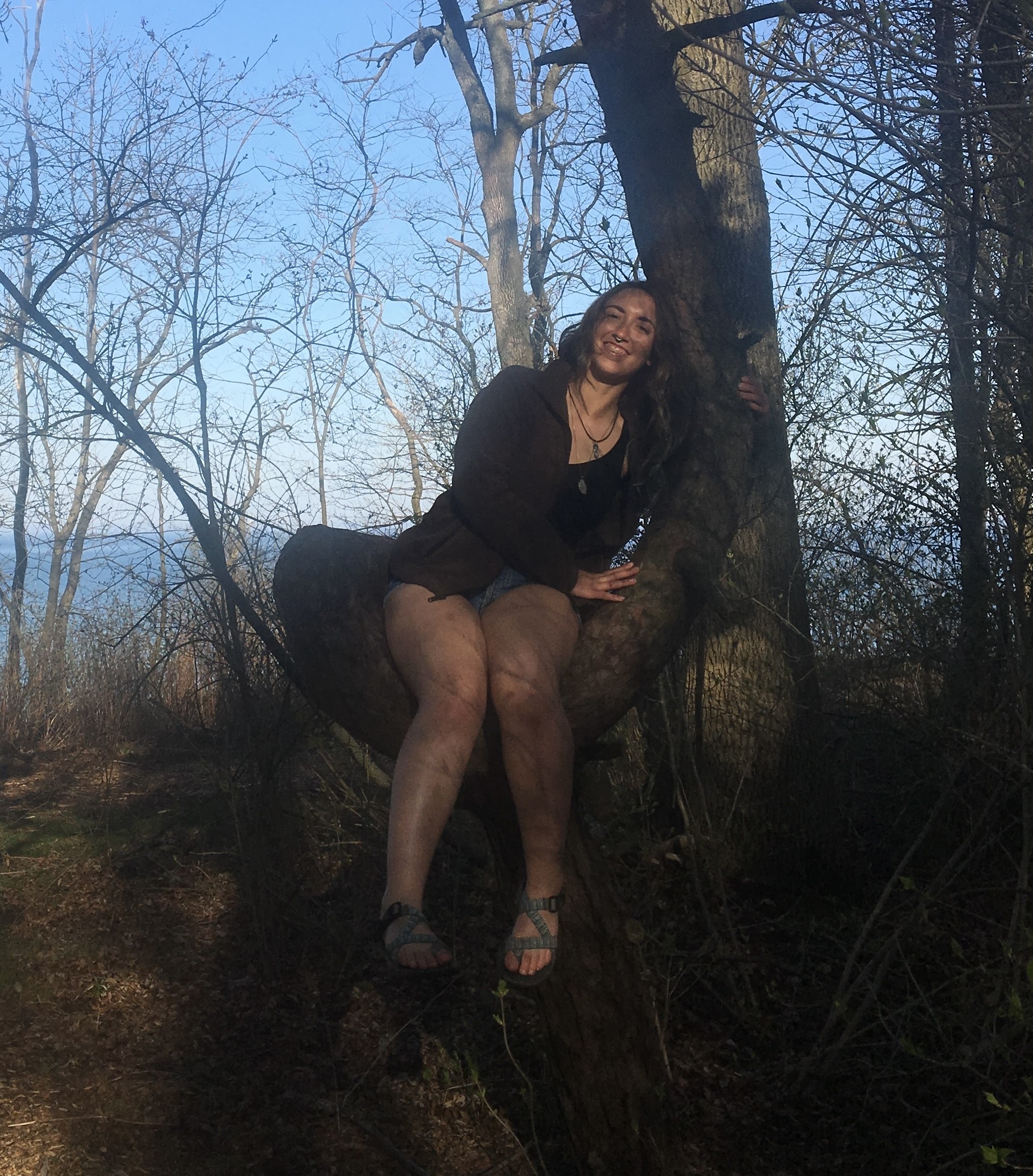 A woman sitting on a tree