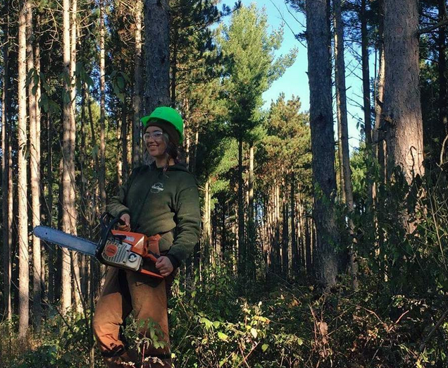 An arborist with a hard hat holding a chainsaw in the forest